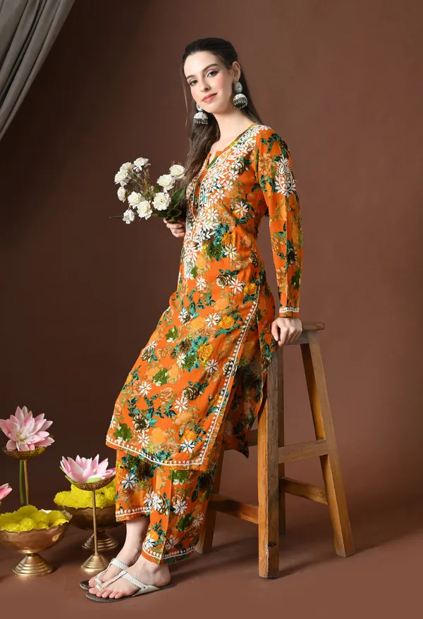 Saffron_Blossom_Printed_Rayon_Chikankari_Kurta_with_Pants