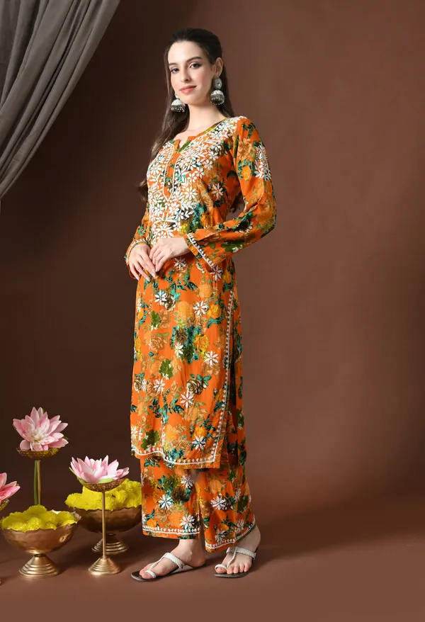 Saffron_Blossom_Printed_Rayon_Chikankari_Kurta_with_Pants