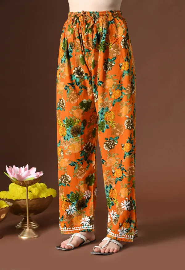 Saffron_Blossom_Printed_Rayon_Chikankari_Kurta_with_Pants