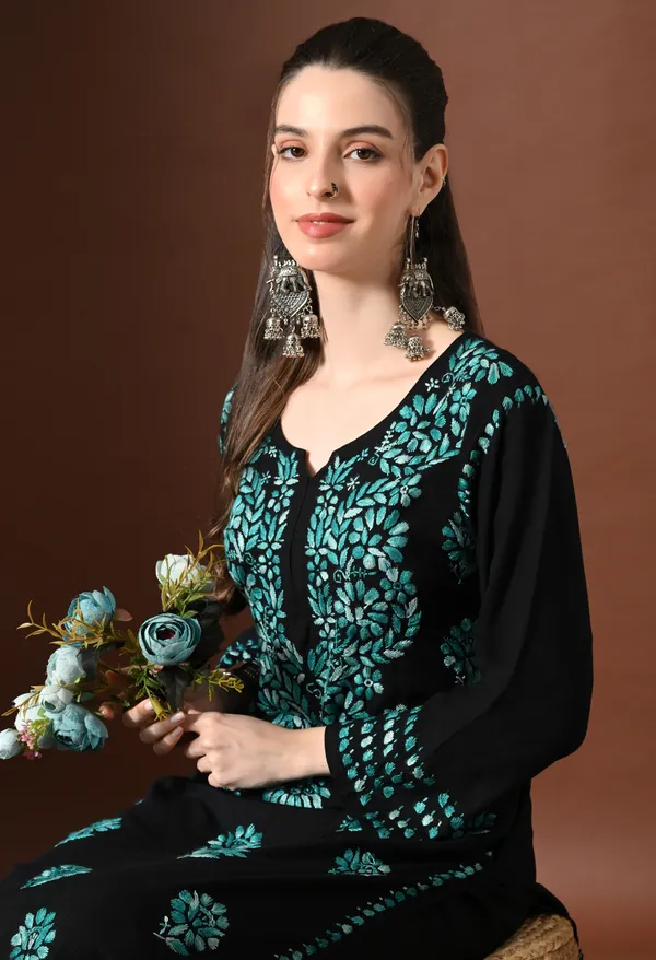 Ebony_Elegance_Floral_Chikankari_Straight_Kurta_Blue_Work