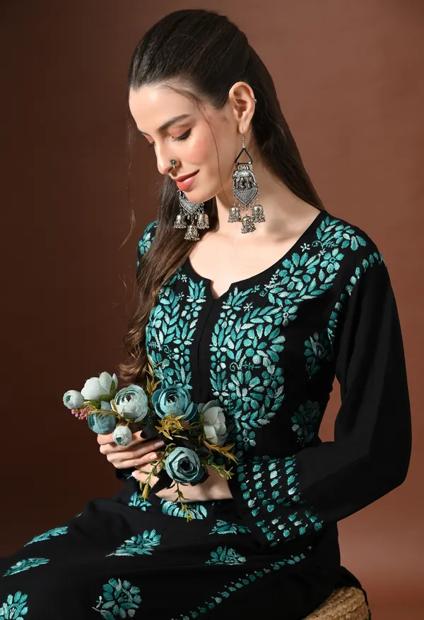 Ebony_Elegance_Floral_Chikankari_Straight_Kurta_Blue_Work