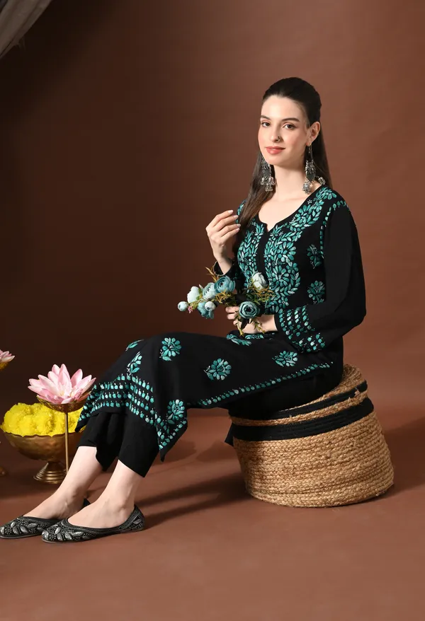 Ebony_Elegance_Floral_Chikankari_Straight_Kurta_Blue_Work