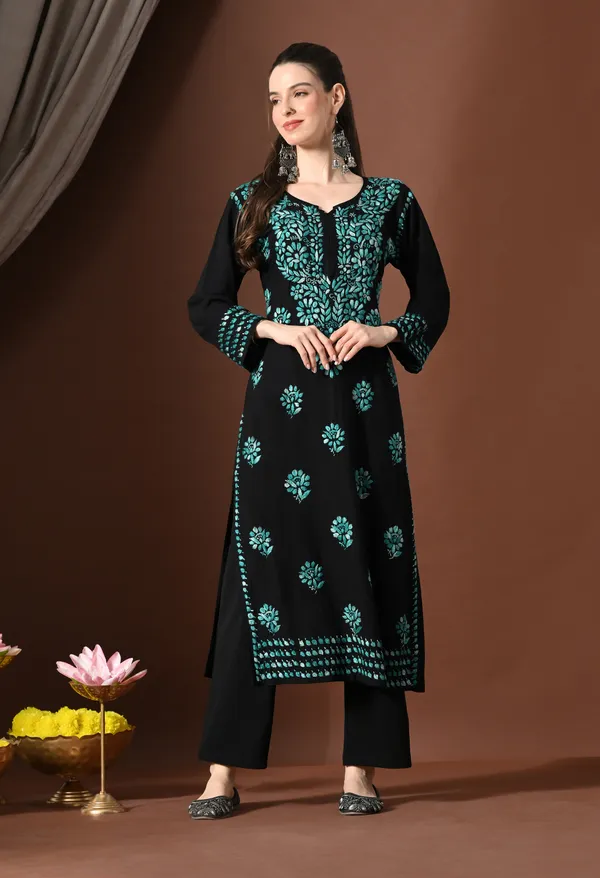 Ebony_Elegance_Floral_Chikankari_Straight_Kurta_Blue_Work