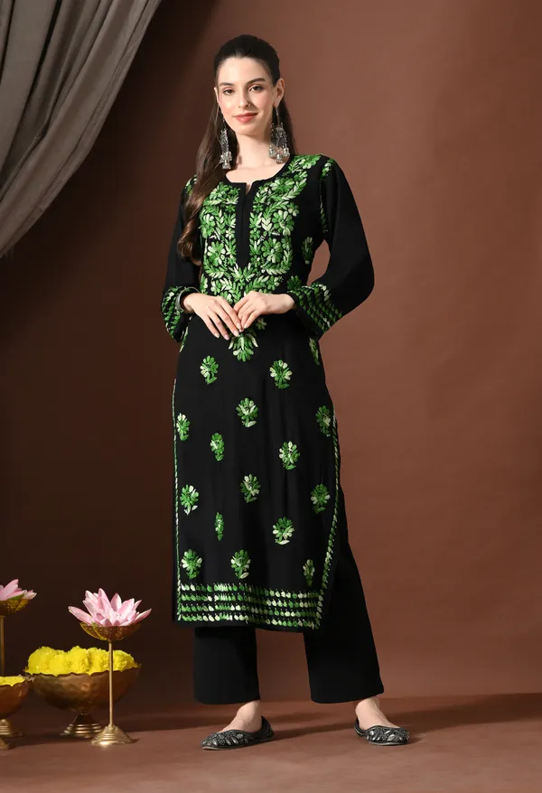 Black_Green_Aura_Floral_Chikankari_Straight_Kurta