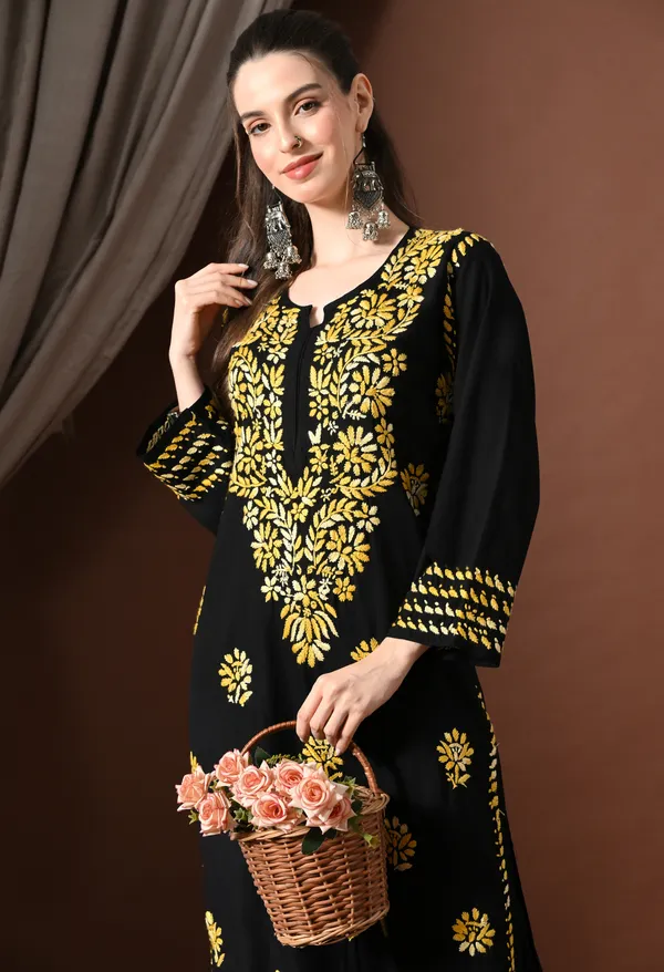 Ebony_Yellow_Petals_Handcrafted_Chikankari_Kurta