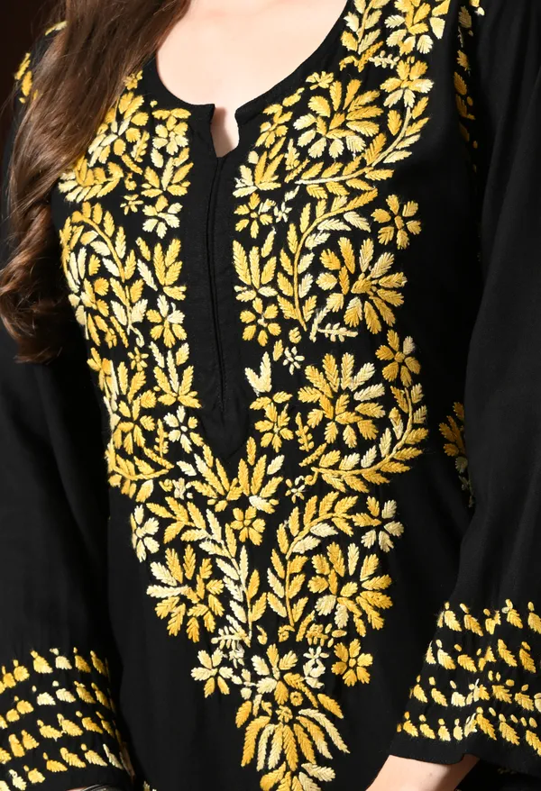 Ebony_Yellow_Petals_Handcrafted_Chikankari_Kurta