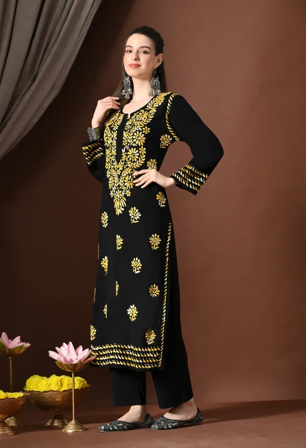 Ebony_Yellow_Petals_Handcrafted_Chikankari_Kurta
