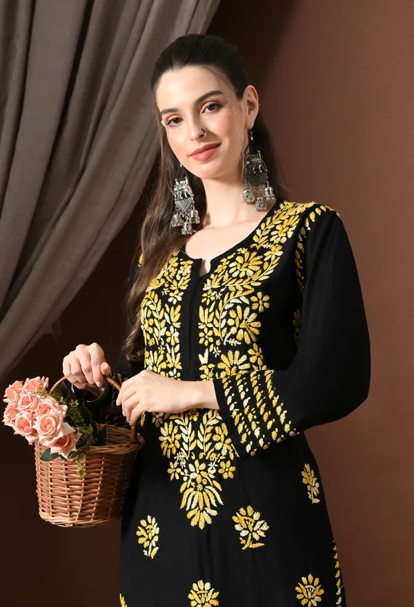 Ebony_Yellow_Petals_Handcrafted_Chikankari_Kurta