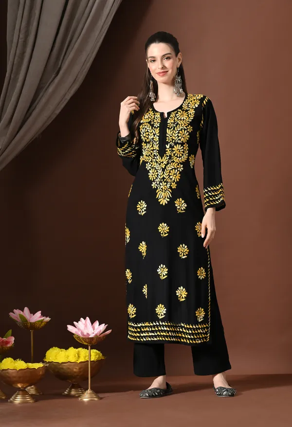Ebony_Yellow_Petals_Handcrafted_Chikankari_Kurta