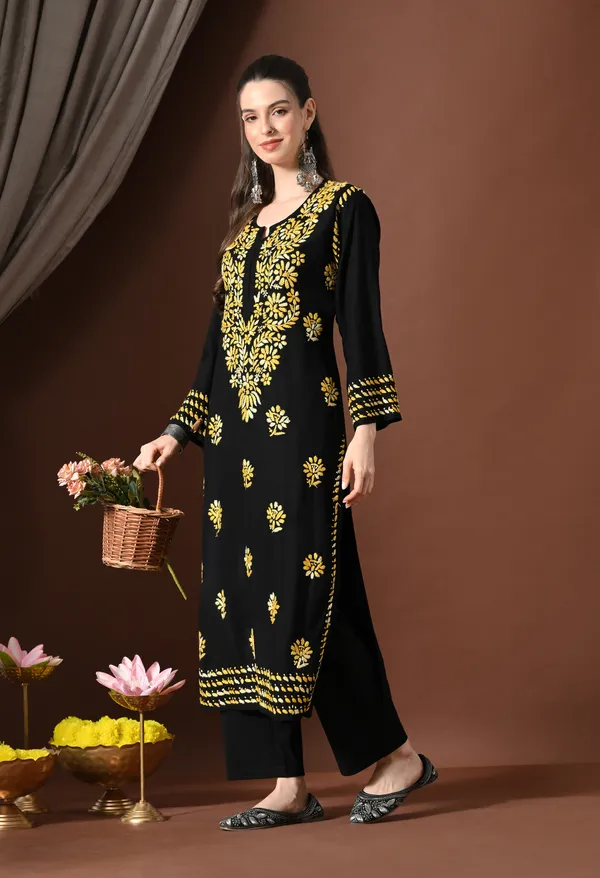 Ebony_Yellow_Petals_Handcrafted_Chikankari_Kurta