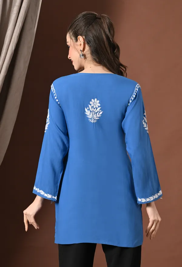 Lucknowi_Chikankari_Short_Kurta_in_Rayon_-_Blue_&_White_Floral_Embroidery