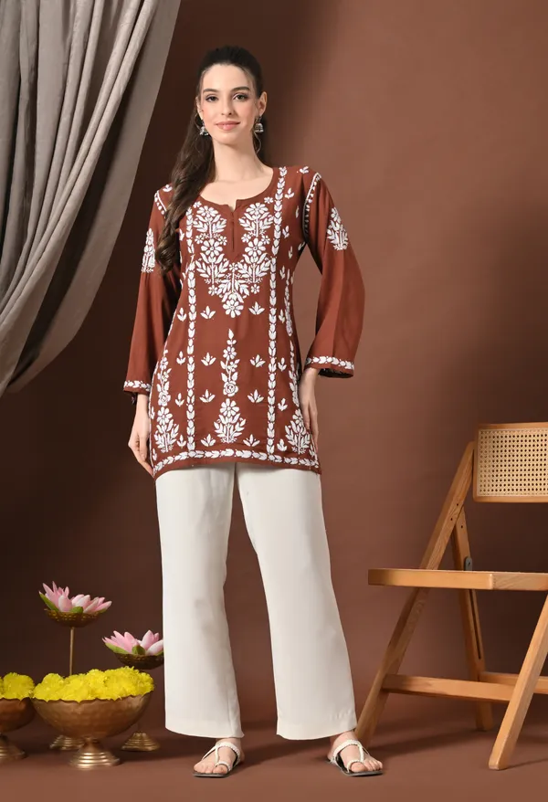 Lucknowi_Chikankari_Short_Kurta_in_Rayon_-_Brown_&_White_Floral_Embroidery