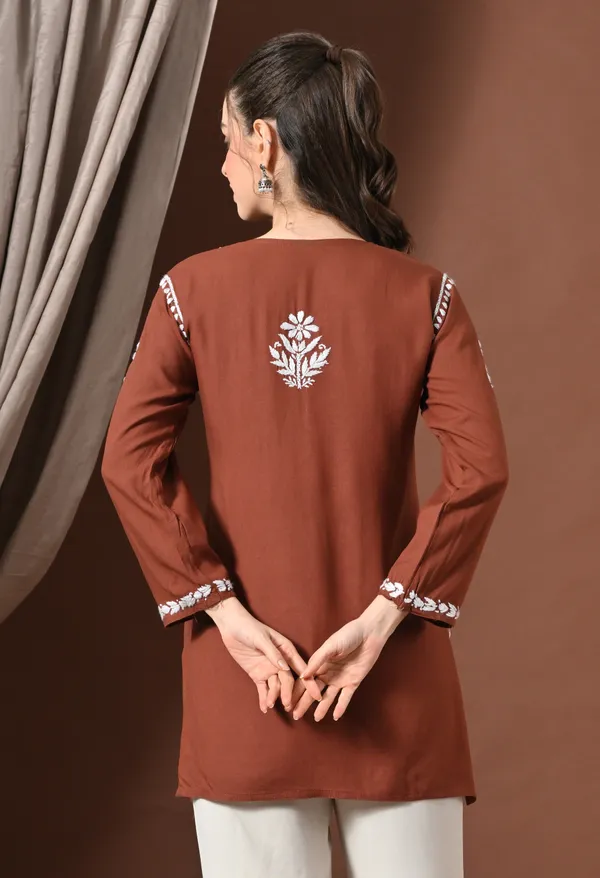 Lucknowi_Chikankari_Short_Kurta_in_Rayon_-_Brown_&_White_Floral_Embroidery