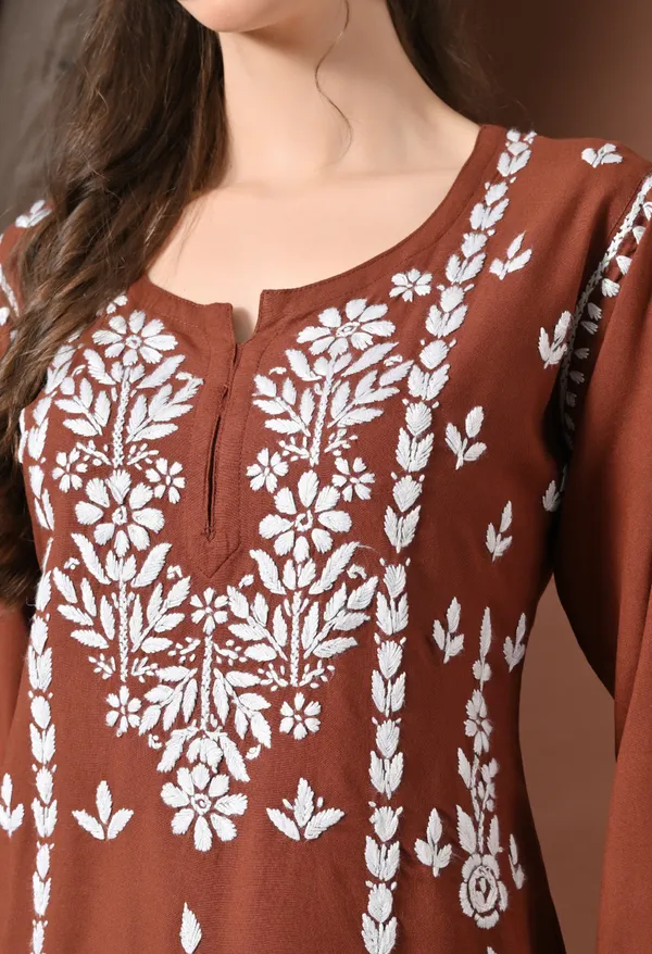 Lucknowi_Chikankari_Short_Kurta_in_Rayon_-_Brown_&_White_Floral_Embroidery