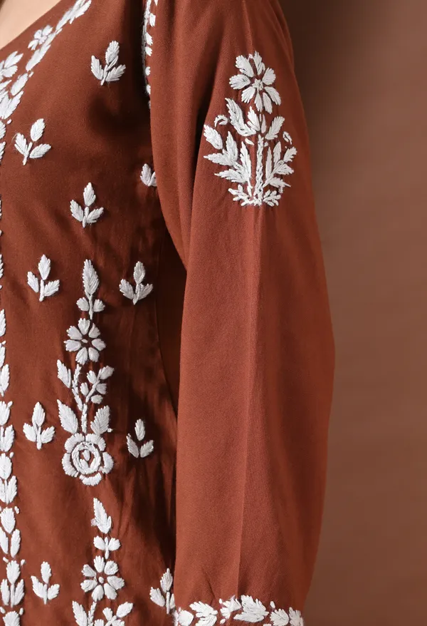 Lucknowi_Chikankari_Short_Kurta_in_Rayon_-_Brown_&_White_Floral_Embroidery