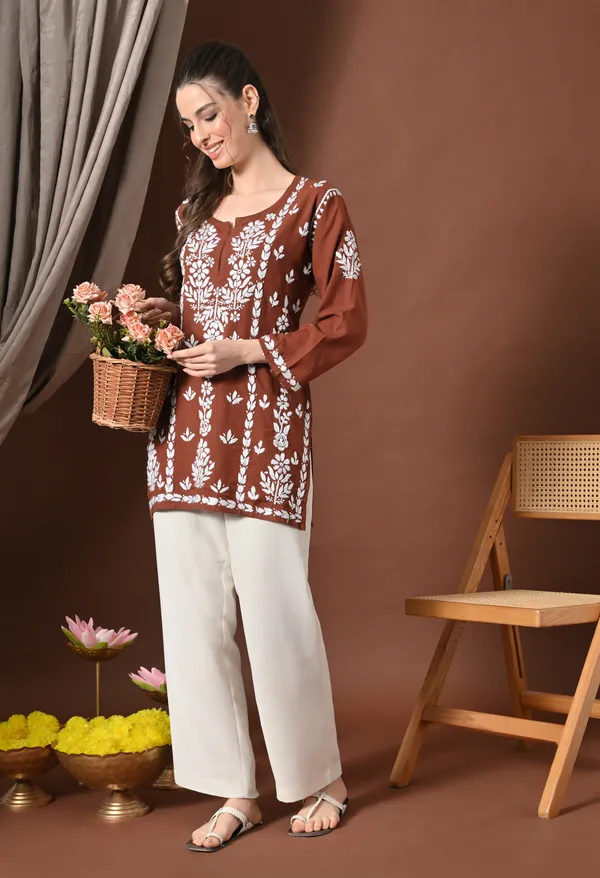 Lucknowi_Chikankari_Short_Kurta_in_Rayon_-_Brown_&_White_Floral_Embroidery