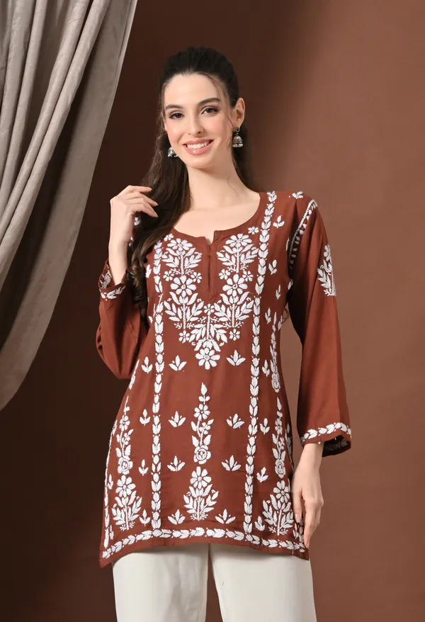 Lucknowi_Chikankari_Short_Kurta_in_Rayon_-_Brown_&_White_Floral_Embroidery