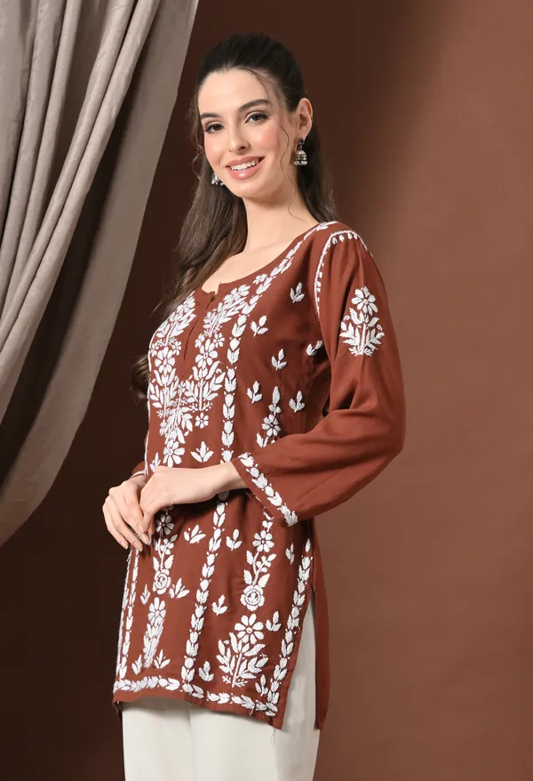 Lucknowi_Chikankari_Short_Kurta_in_Rayon_-_Brown_&_White_Floral_Embroidery