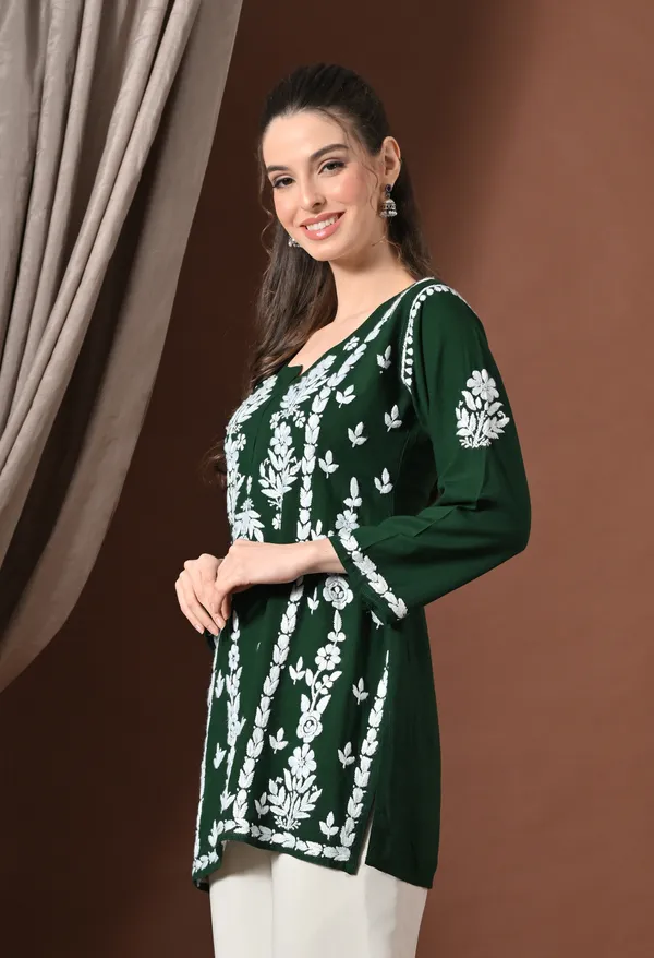 Lucknowi_Chikankari_Short_Kurta_in_Rayon_-_Dark_Green