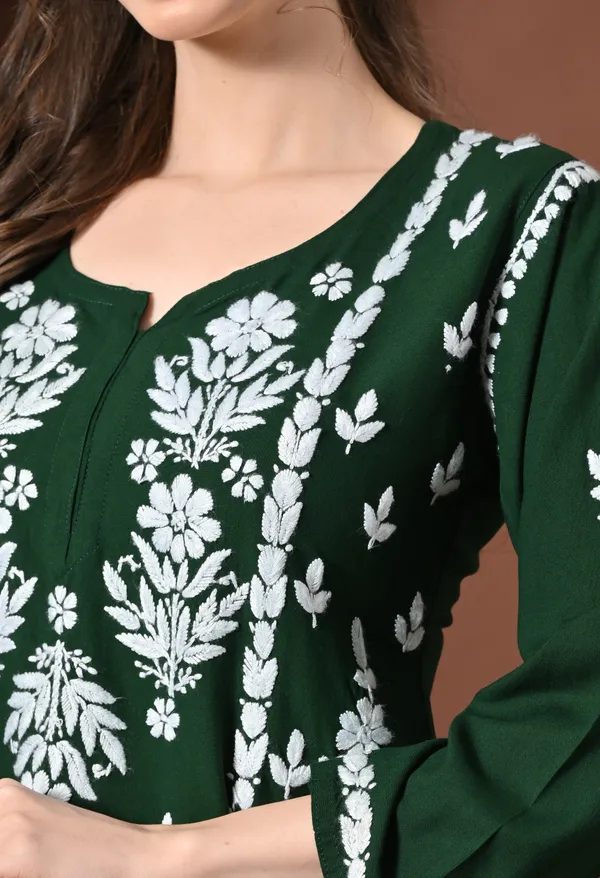Lucknowi_Chikankari_Short_Kurta_in_Rayon_-_Dark_Green