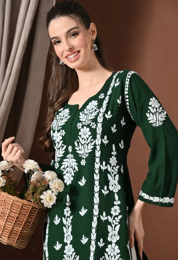 Lucknowi_Chikankari_Short_Kurta_in_Rayon_-_Dark_Green