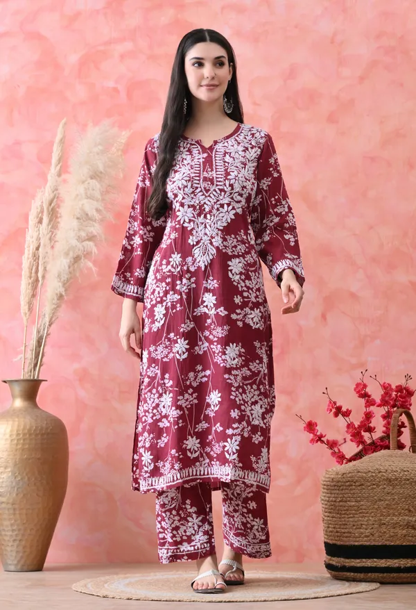Hand_Embroidered_Chikankari_Mulmul_Plazo_Set-Maroon