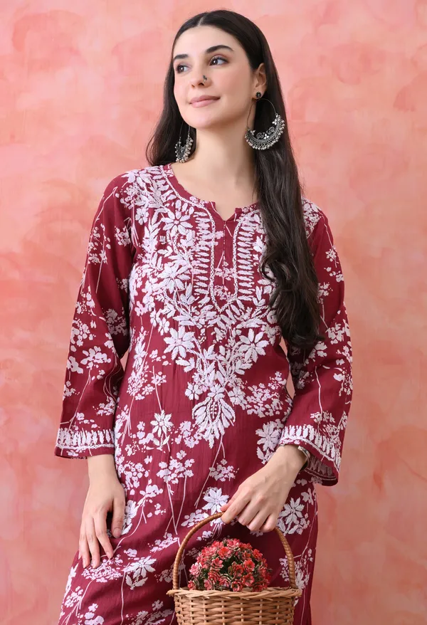 Hand_Embroidered_Chikankari_Mulmul_Plazo_Set-Maroon