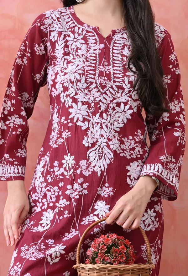 Hand_Embroidered_Chikankari_Mulmul_Plazo_Set-Maroon