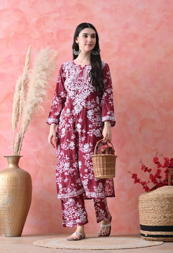 Hand_Embroidered_Chikankari_Mulmul_Plazo_Set-Maroon