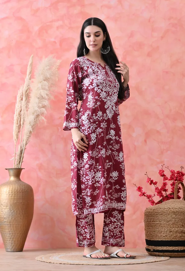 Hand_Embroidered_Chikankari_Mulmul_Plazo_Set-Maroon