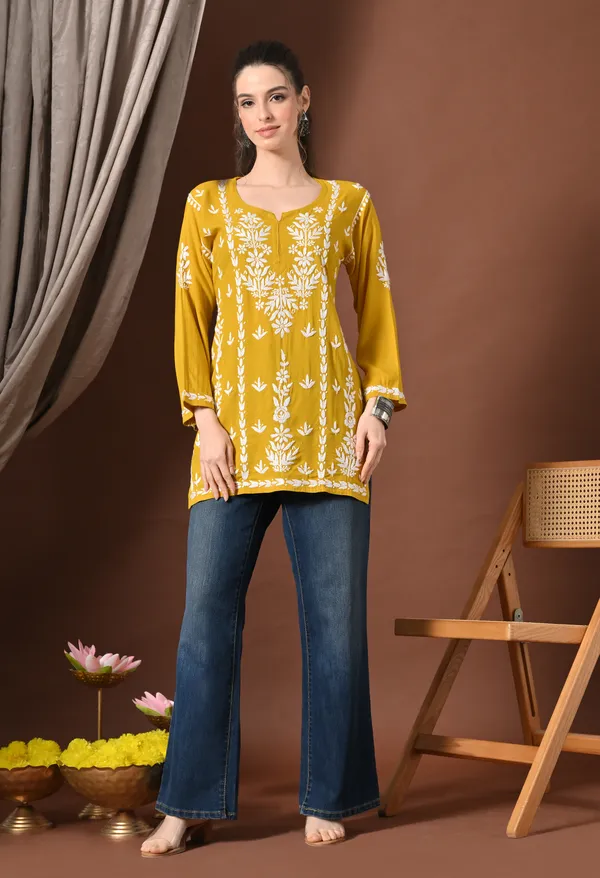 Lucknowi_Chikankari_Short_Kurta_in_Rayon_-_Mango_Yellow