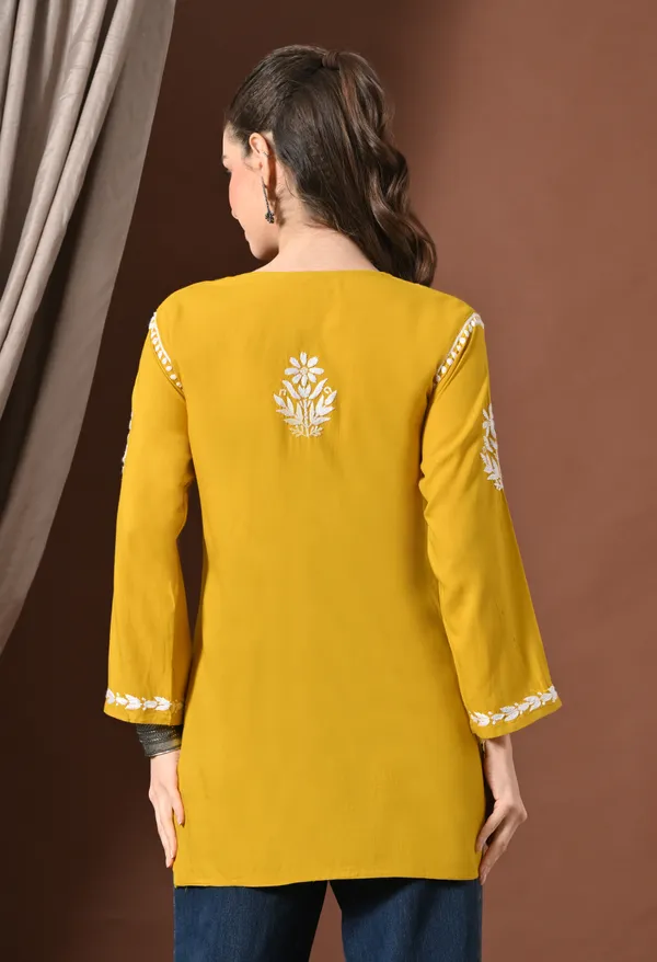 Lucknowi_Chikankari_Short_Kurta_in_Rayon_-_Mango_Yellow