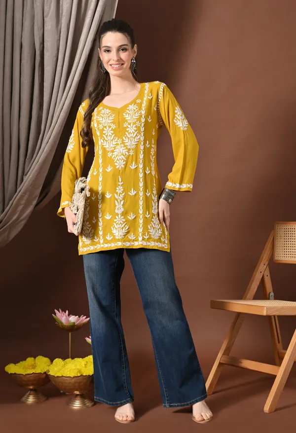 Lucknowi_Chikankari_Short_Kurta_in_Rayon_-_Mango_Yellow