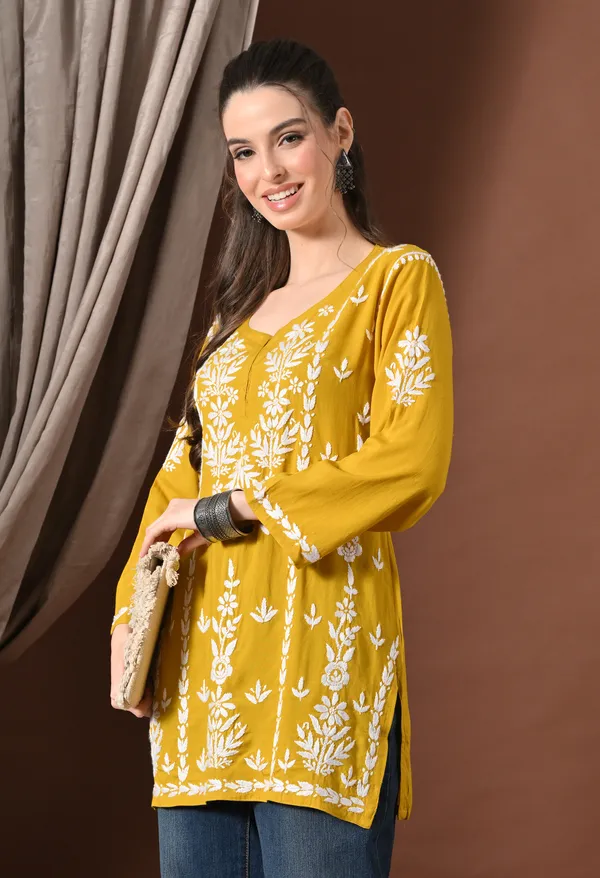 Lucknowi_Chikankari_Short_Kurta_in_Rayon_-_Mango_Yellow