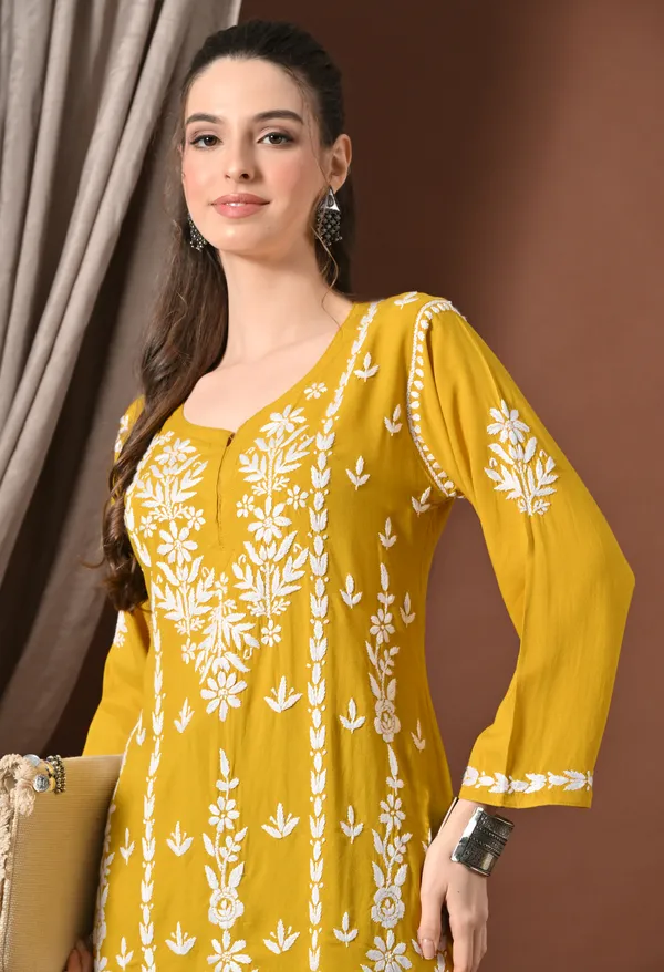 Lucknowi_Chikankari_Short_Kurta_in_Rayon_-_Mango_Yellow