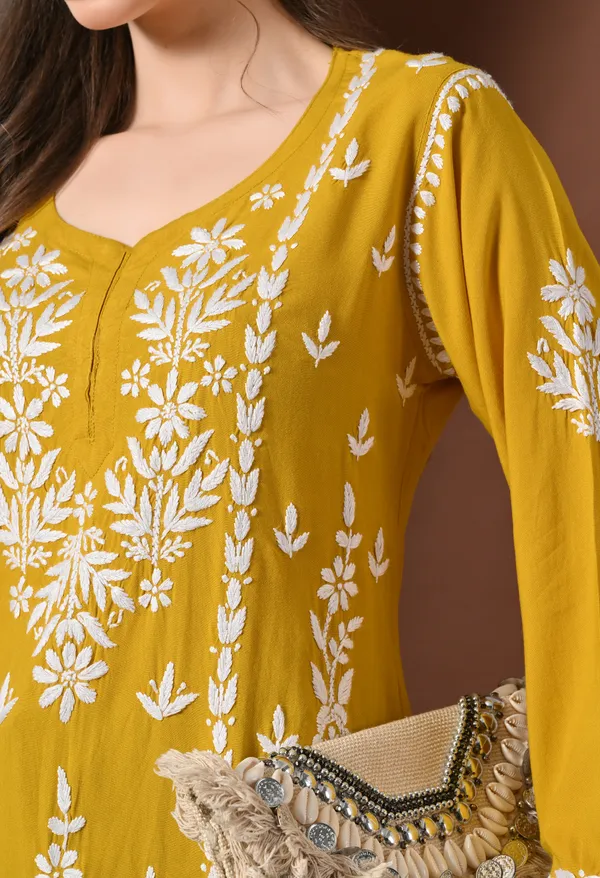 Lucknowi_Chikankari_Short_Kurta_in_Rayon_-_Mango_Yellow