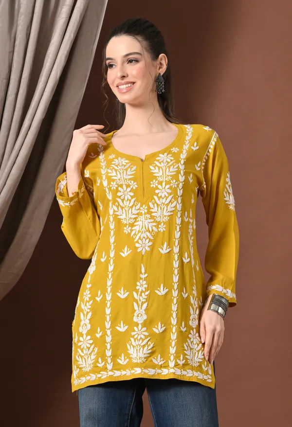 Lucknowi_Chikankari_Short_Kurta_in_Rayon_-_Mango_Yellow