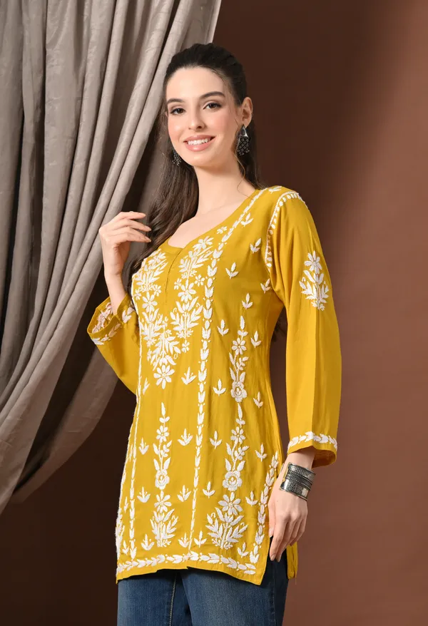 Lucknowi_Chikankari_Short_Kurta_in_Rayon_-_Mango_Yellow