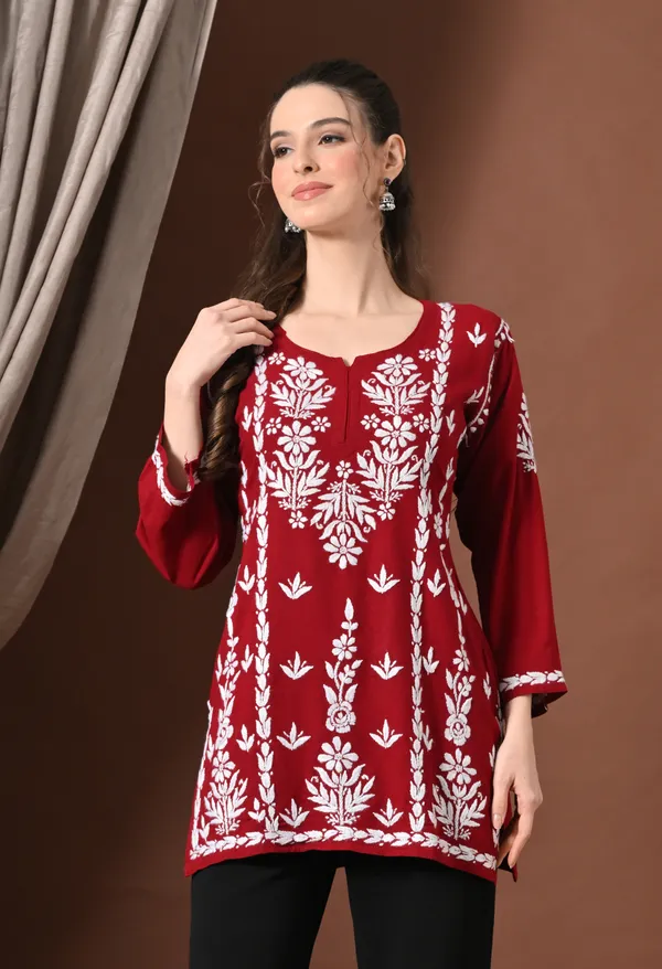 Lucknowi_Chikankari_Short_Kurta_in_Rayon_-_Maroon