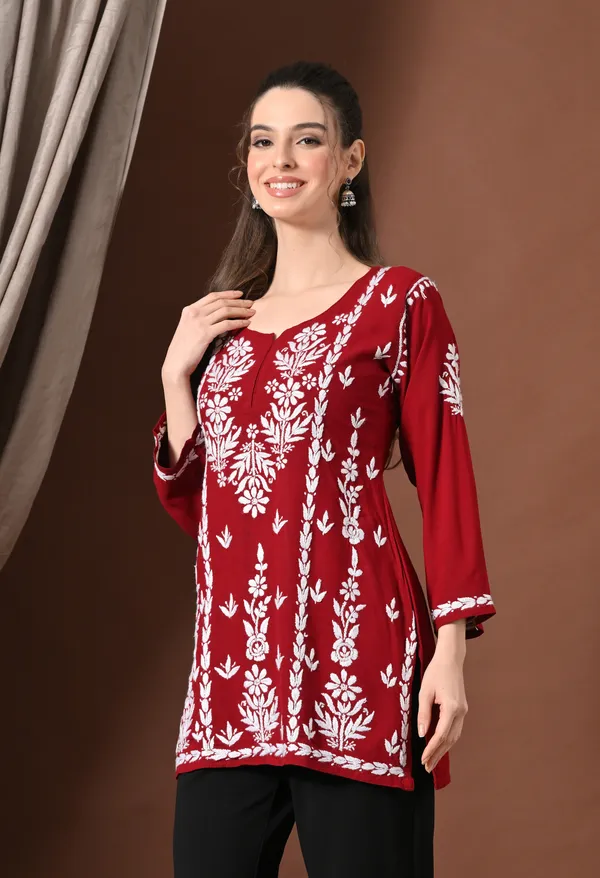 Lucknowi_Chikankari_Short_Kurta_in_Rayon_-_Maroon