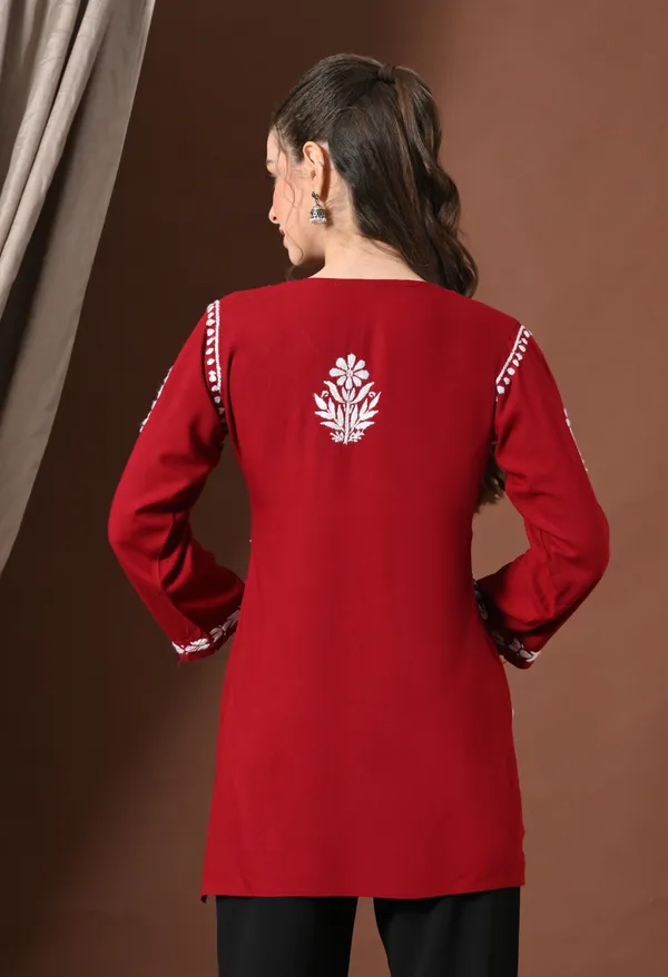 Lucknowi_Chikankari_Short_Kurta_in_Rayon_-_Maroon