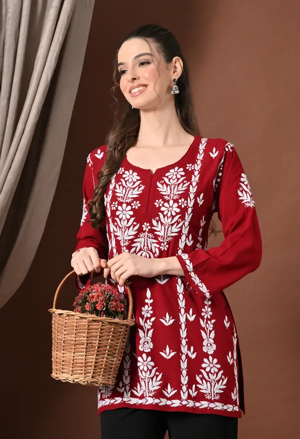 Lucknowi_Chikankari_Short_Kurta_in_Rayon_-_Maroon