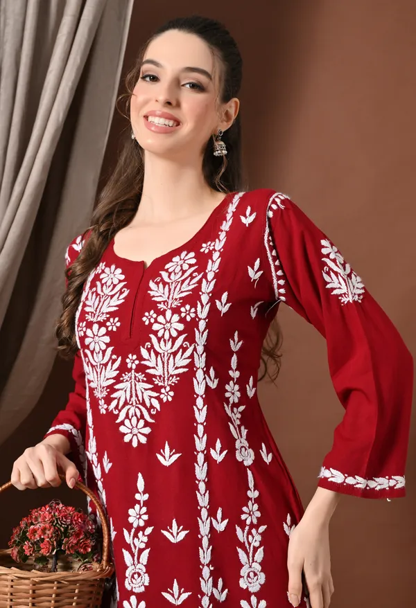 Lucknowi_Chikankari_Short_Kurta_in_Rayon_-_Maroon