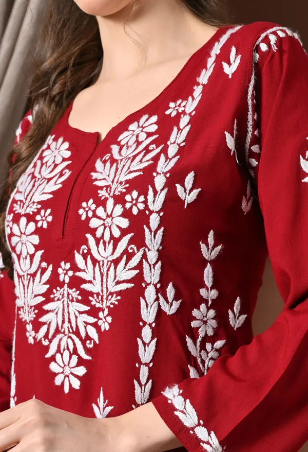 Lucknowi_Chikankari_Short_Kurta_in_Rayon_-_Maroon