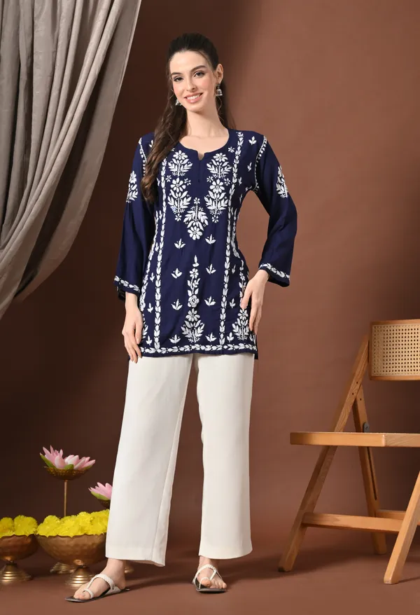 Lucknowi_Chikankari_Short_Kurta_in_Rayon_-_Navy_Blue