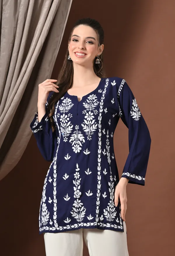 Lucknowi_Chikankari_Short_Kurta_in_Rayon_-_Navy_Blue