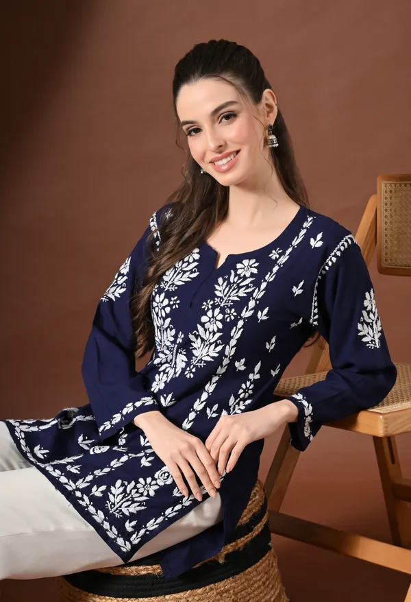 Lucknowi_Chikankari_Short_Kurta_in_Rayon_-_Navy_Blue