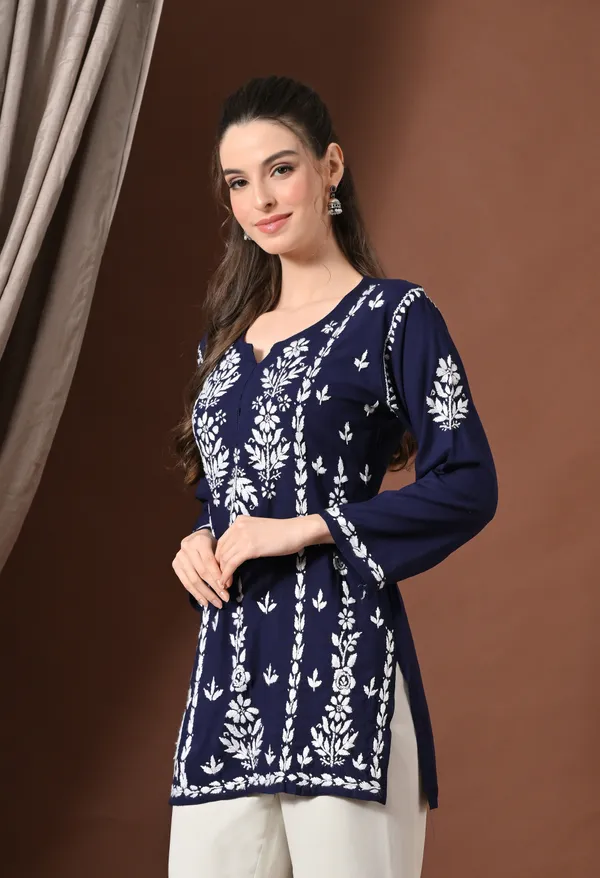 Lucknowi_Chikankari_Short_Kurta_in_Rayon_-_Navy_Blue