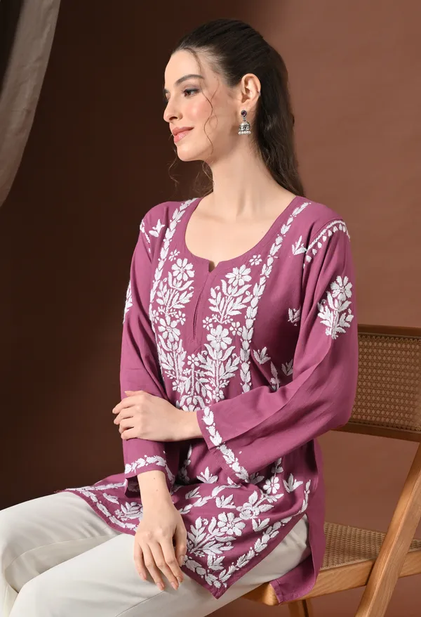 Lucknowi_Chikankari_Short_Kurta_in_Rayon_-_Onion_Pink