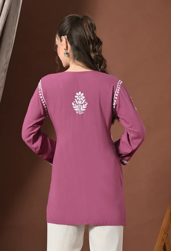Lucknowi_Chikankari_Short_Kurta_in_Rayon_-_Onion_Pink